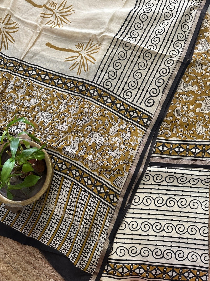 Mustard Yellow-White Chanderi Printed Suit CBS032