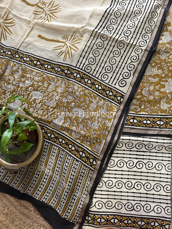 Mustard Yellow-White Chanderi Printed Suit CBS032
