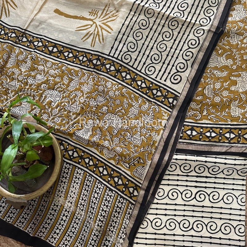 Mustard Yellow-White Chanderi Printed Suit CBS032