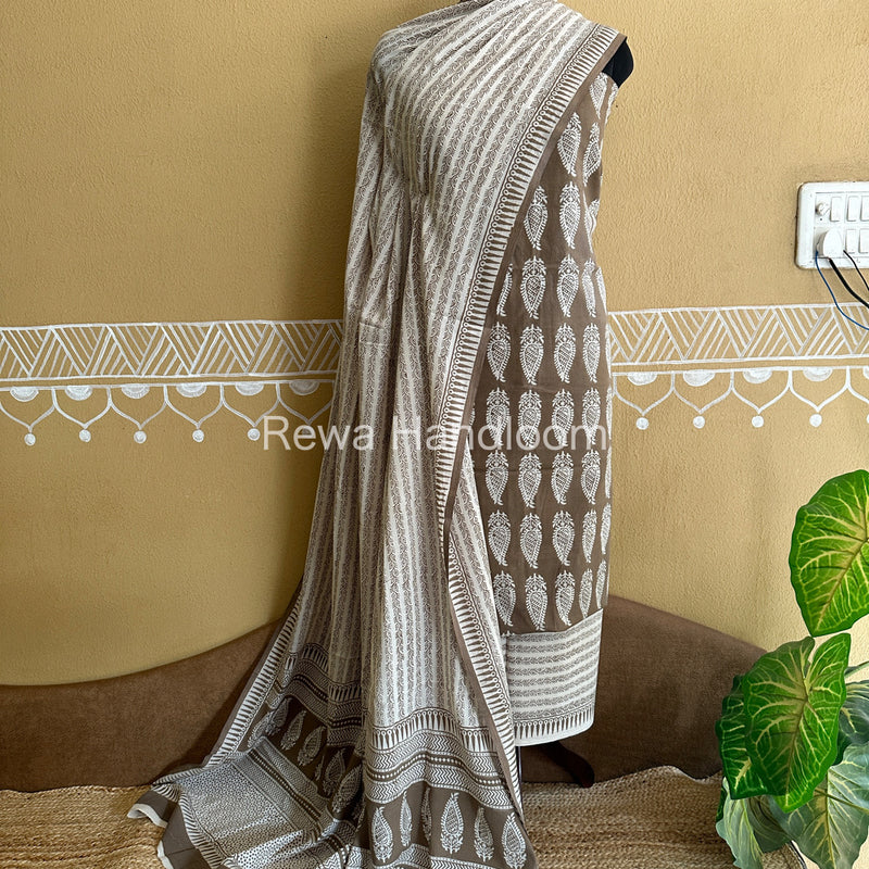 Grey-White Bagh Print Cotton Suit-BCSP62