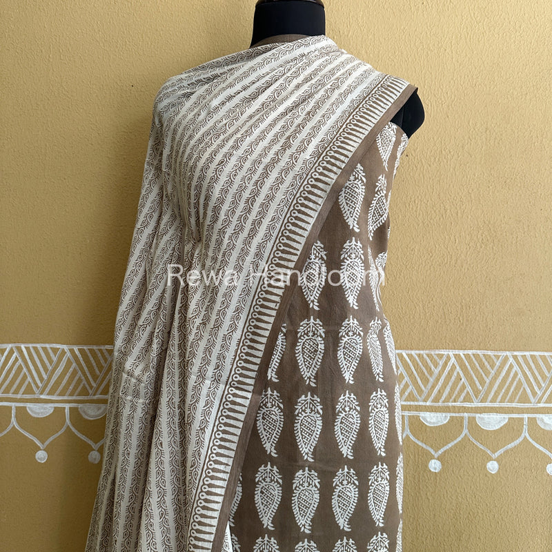 Grey-White Bagh Print Cotton Suit-BCSP62