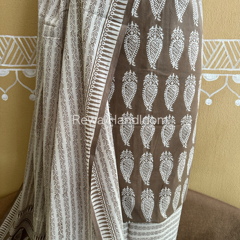 Grey-White Bagh Print Cotton Suit-BCSP62