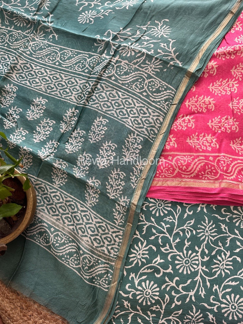 Pink-Teal Green Chanderi Printed Suit CBS033