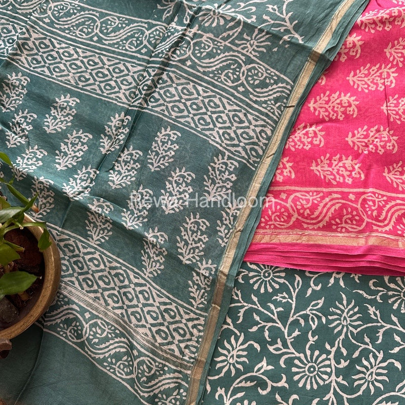 Pink-Teal Green Chanderi Printed Suit CBS033