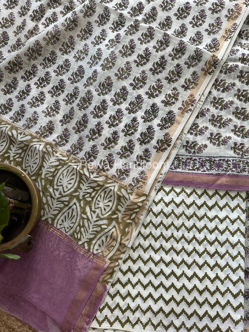 White-Green Chanderi Printed Suit CBS023