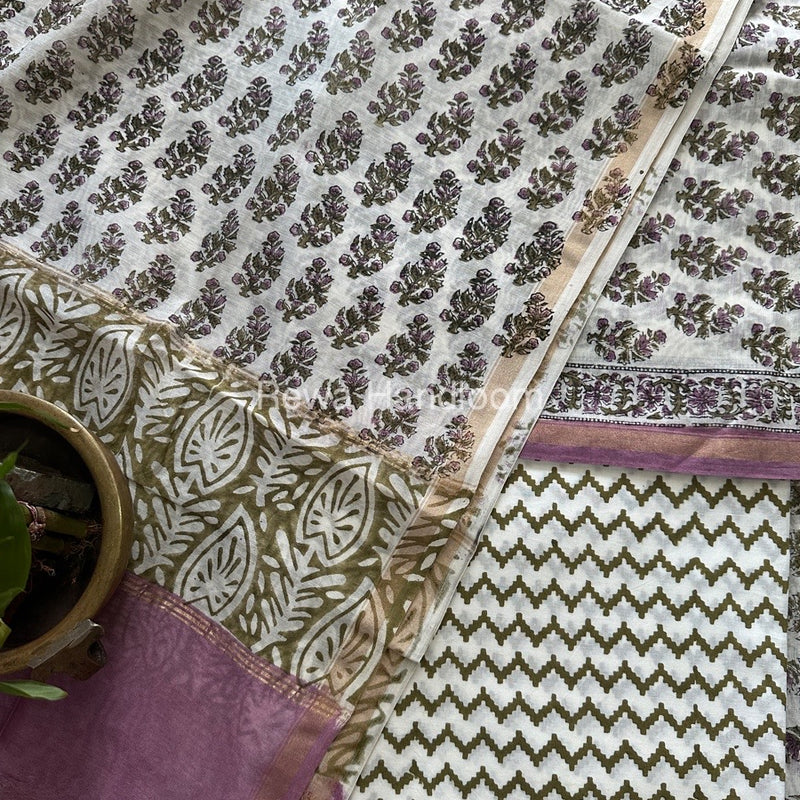 White-Green Chanderi Printed Suit CBS023