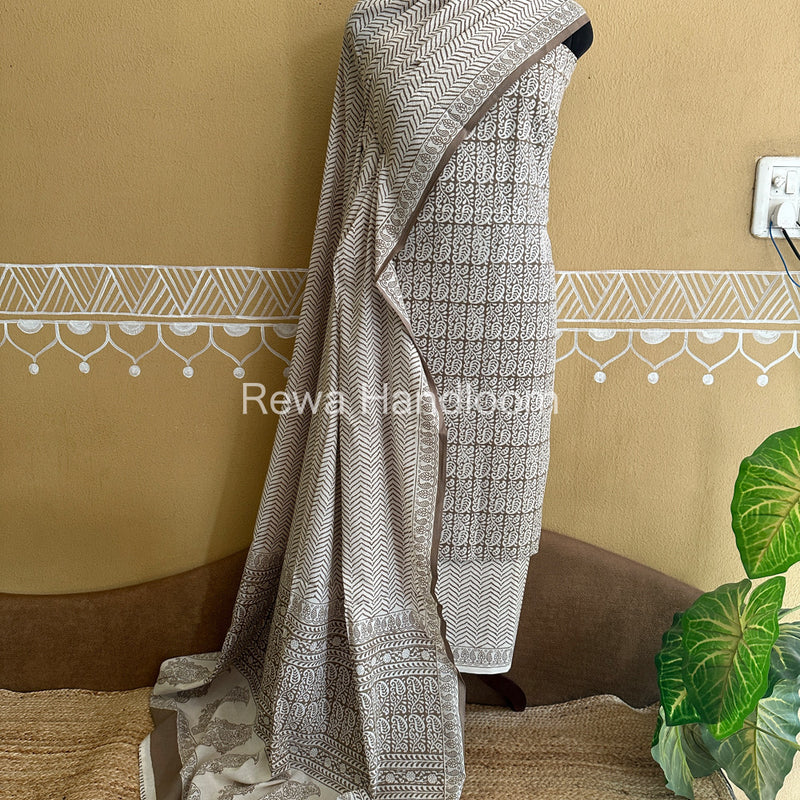 Grey-White Bagh Print Cotton Suit-BCSP61