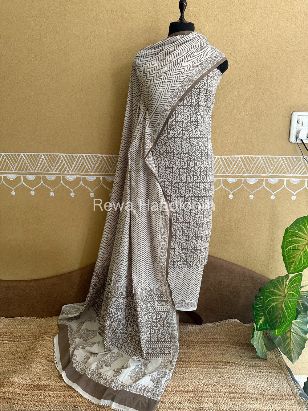 Grey-White Bagh Print Cotton Suit-BCSP61