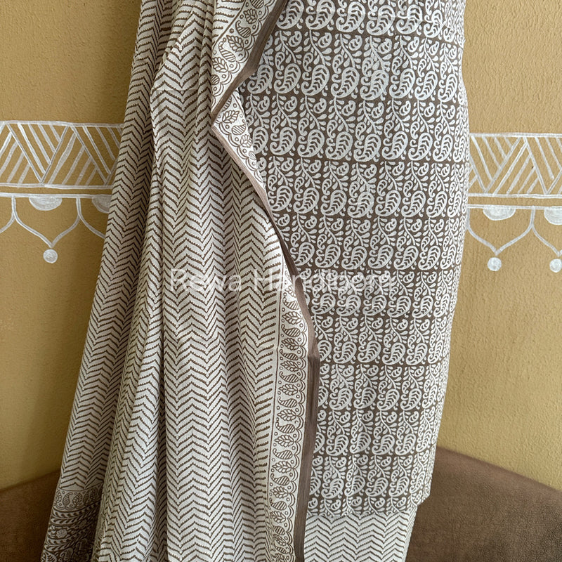 Grey-White Bagh Print Cotton Suit-BCSP61