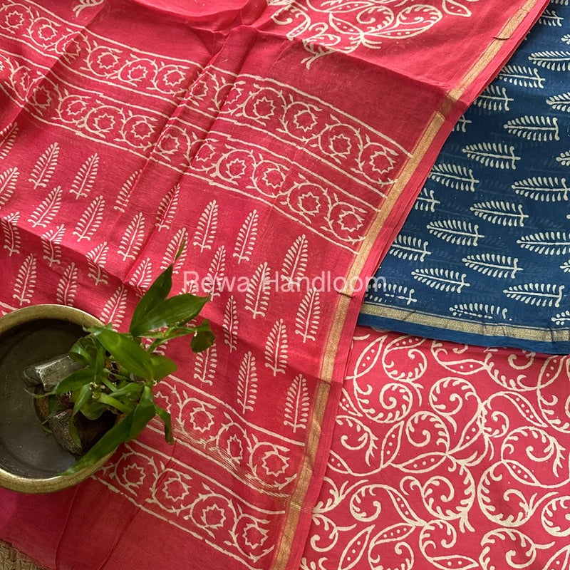 Blue-Pink Chanderi Printed Suit CBS022