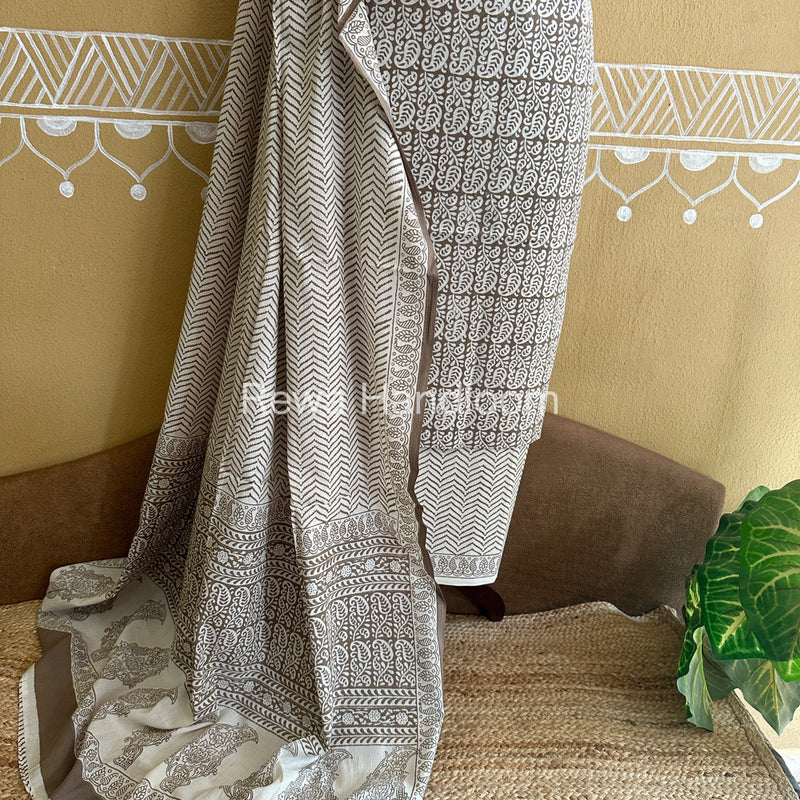Grey-White Bagh Print Cotton Suit-BCSP61