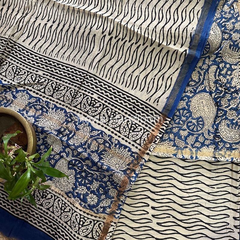 Blue-Off White Chanderi Printed Suit CBS024