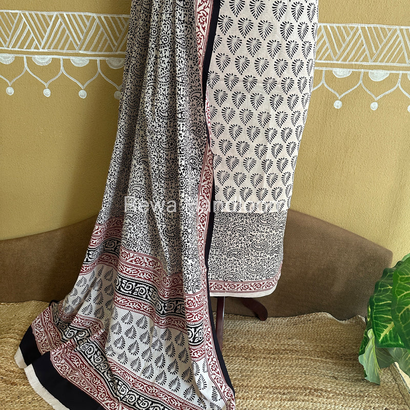 White-Black Bagh Print Cotton Suit-BCSP63