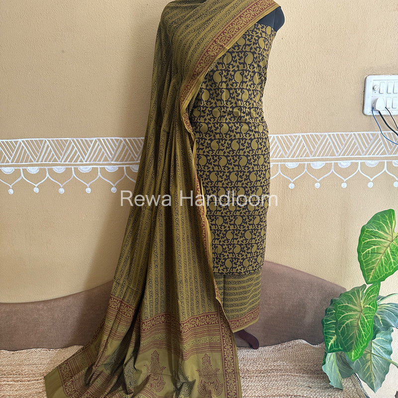 Yellow-Black Bagh Print Cotton Suit-BCSP58