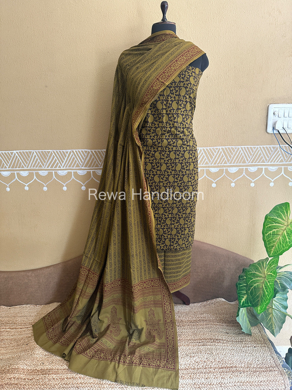 Yellow-Black Bagh Print Cotton Suit-BCSP58