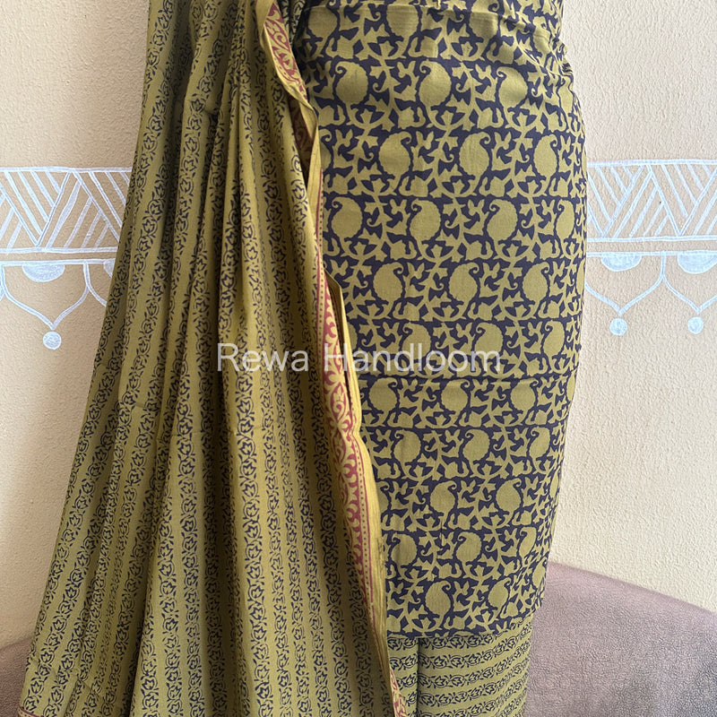 Yellow-Black Bagh Print Cotton Suit-BCSP58