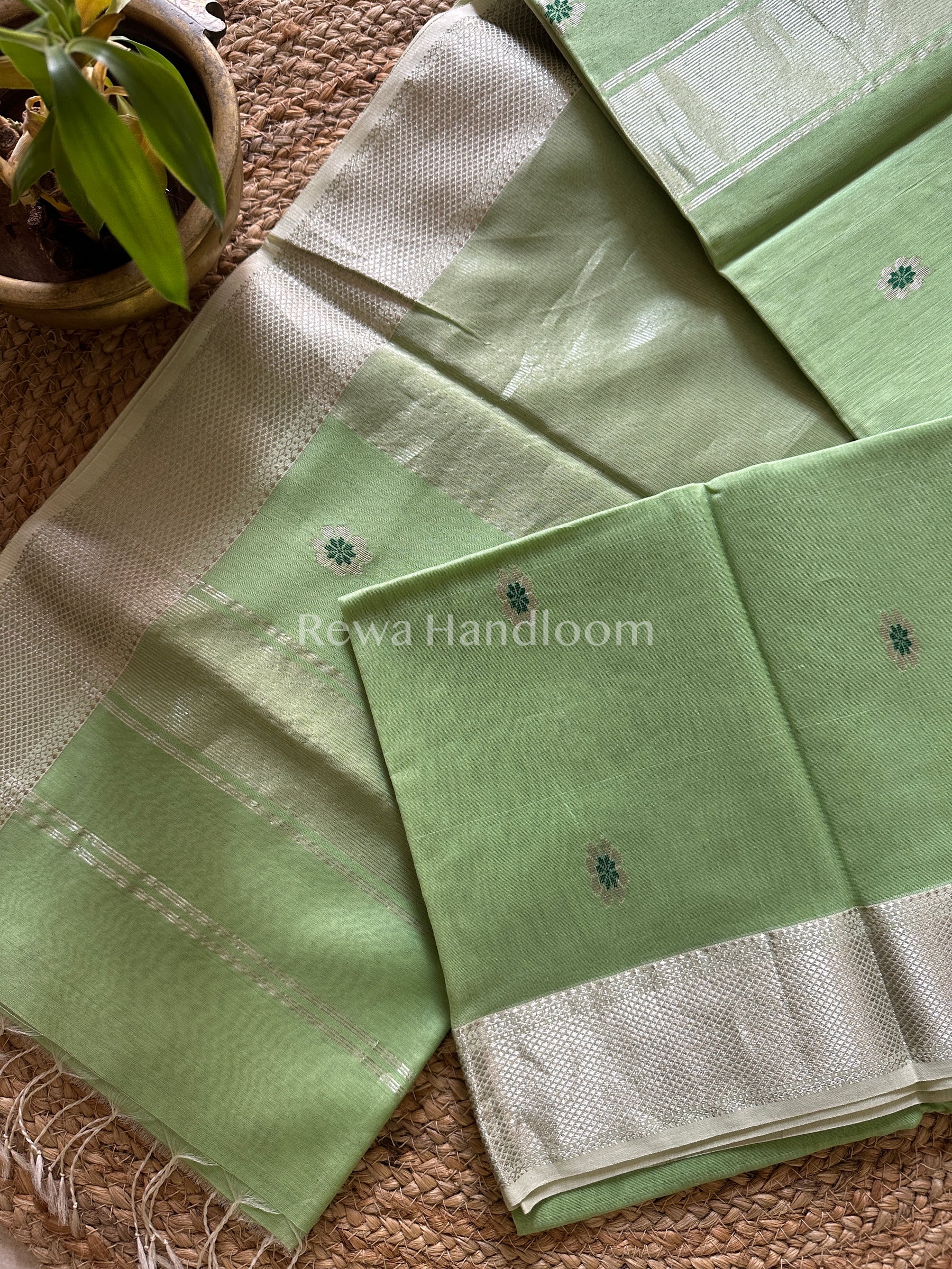 Maheshwari Pista Green Silver Zari Sarees 