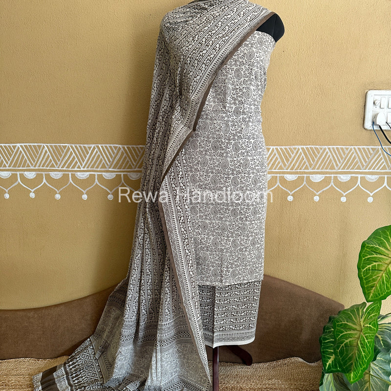 White-Grey Bagh Print Cotton Suit- BCSP46