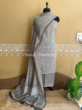 White-Grey Bagh Print Cotton Suit- BCSP46