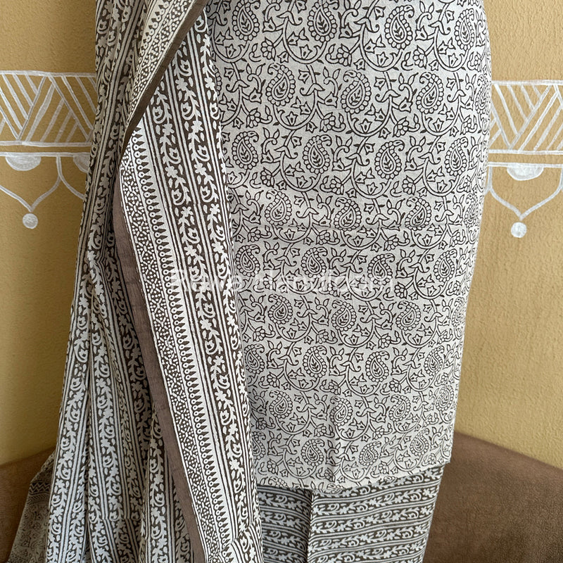 White-Grey Bagh Print Cotton Suit- BCSP46