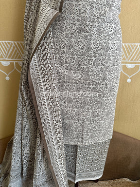 White-Grey Bagh Print Cotton Suit- BCSP46