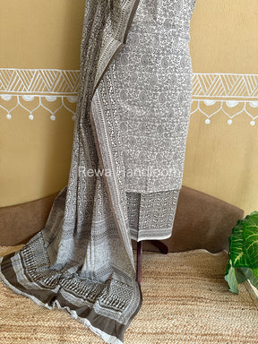 White-Grey Bagh Print Cotton Suit- BCSP46