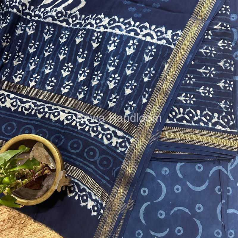 Blue-White Chanderi Maheshwari Border Suit CMBS011