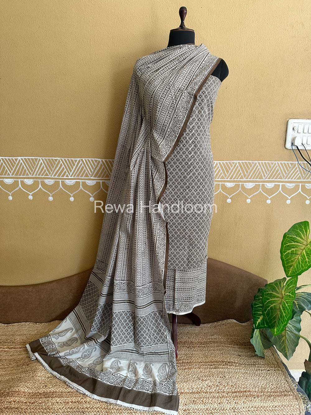 White-Grey Bagh Print Cotton Suit- BCSP44