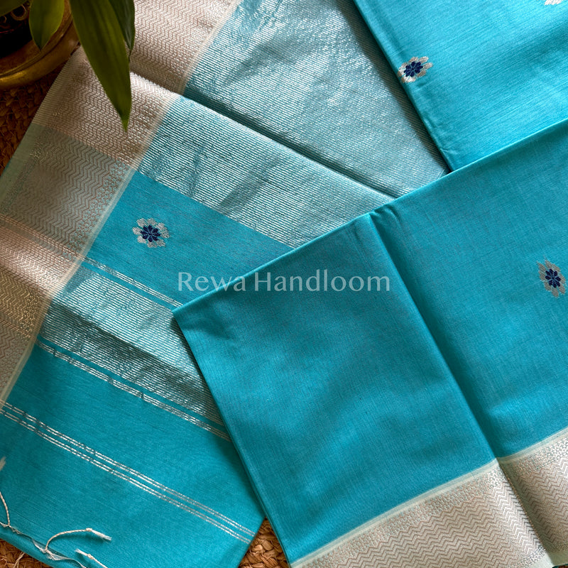 Maheshwari Firozi Blue Silver Zari Sarees