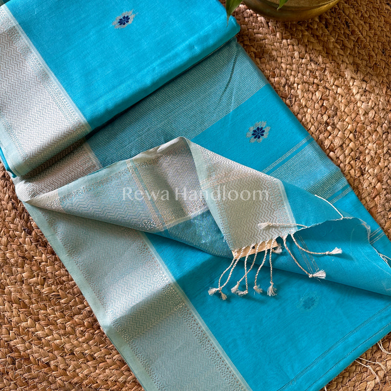 Maheshwari Firozi Blue Silver Zari Sarees