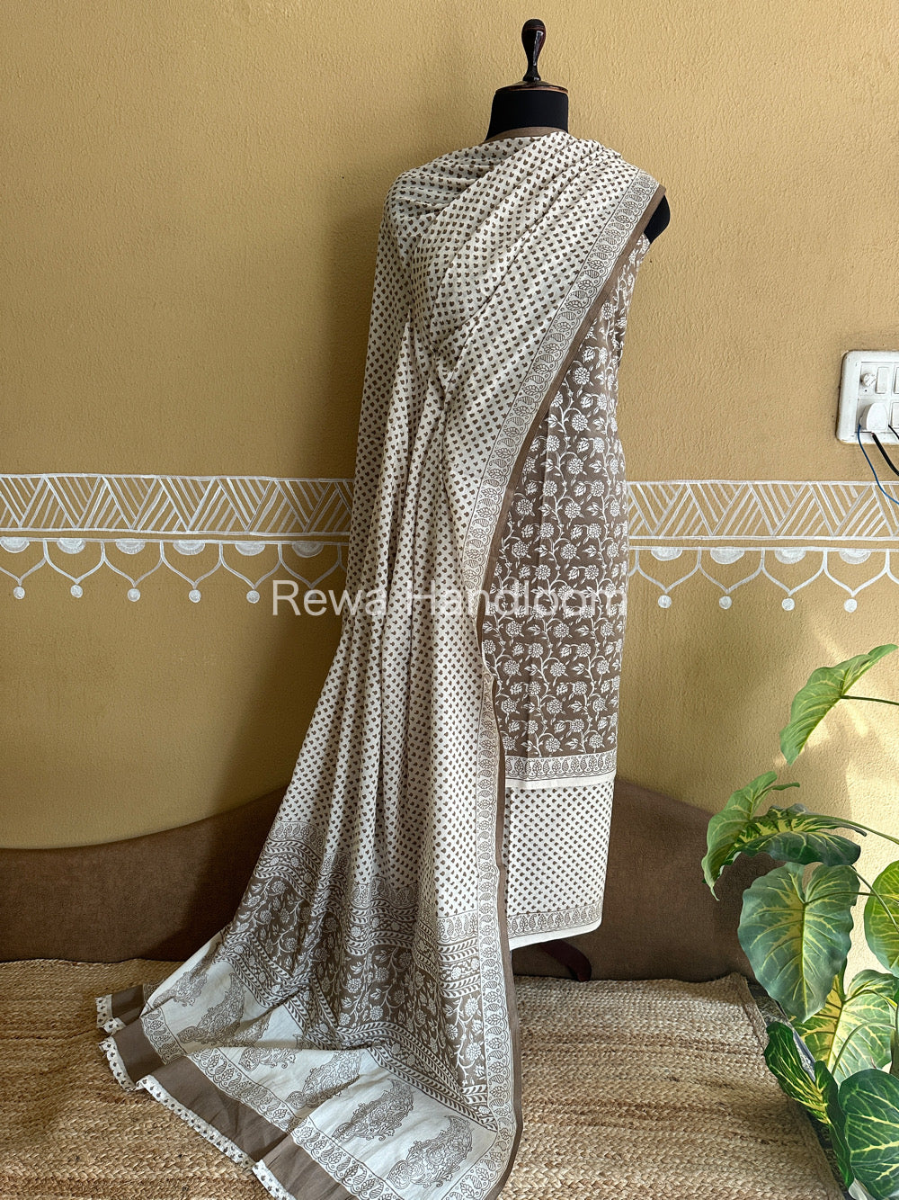 Grey-White Bagh Print Cotton Suit-BCSP65