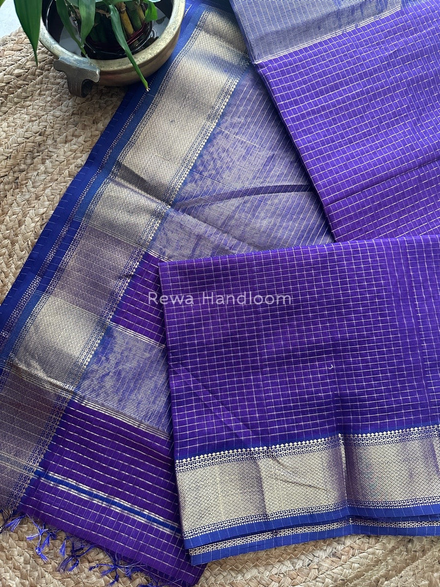 Maheshwari Dark Purple Zari Checks Saree ZCHX186