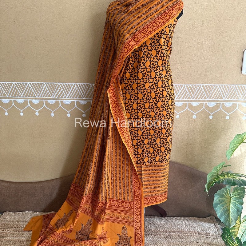 Dark Yellow-Black Bagh Print Cotton Suit-BCSP66
