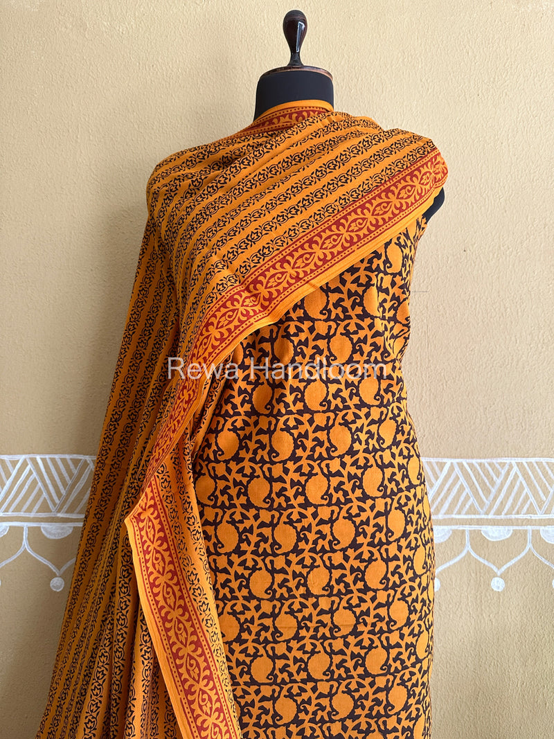 Dark Yellow-Black Bagh Print Cotton Suit-BCSP66