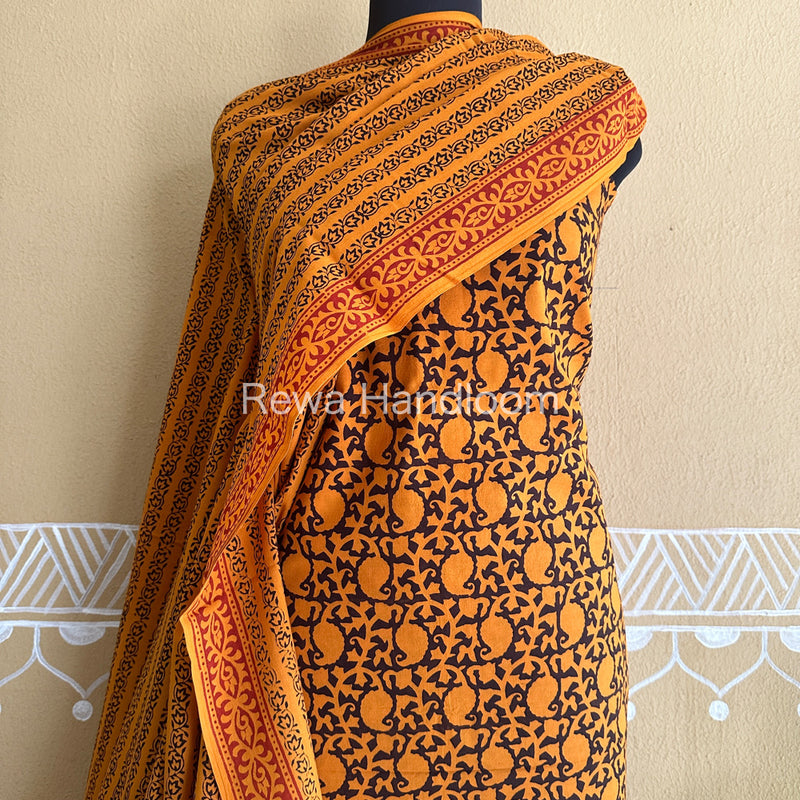 Dark Yellow-Black Bagh Print Cotton Suit-BCSP66