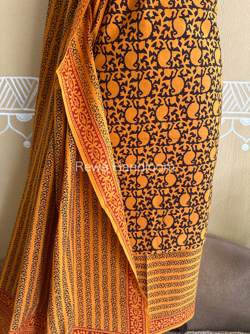 Dark Yellow-Black Bagh Print Cotton Suit-BCSP66