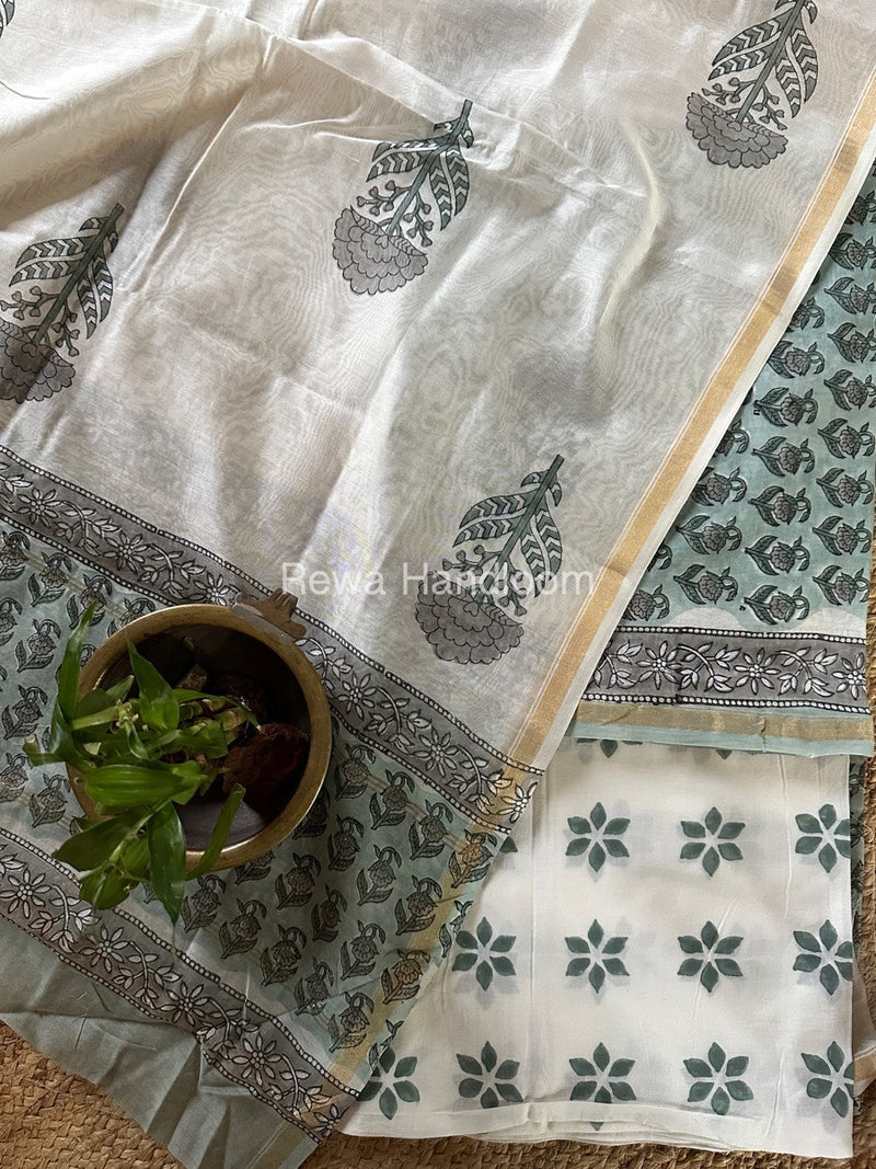 Mint Green-White Chanderi Printed Suit CBS019