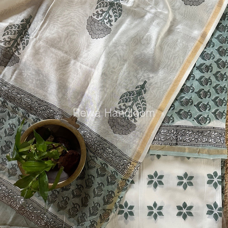 Mint Green-White Chanderi Printed Suit CBS019