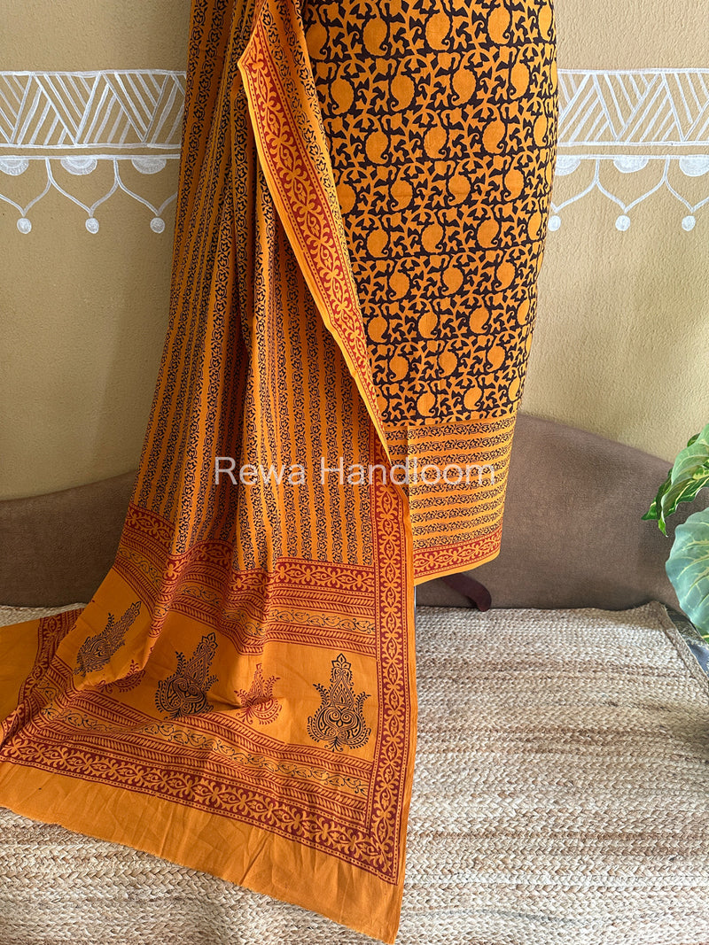 Dark Yellow-Black Bagh Print Cotton Suit-BCSP66