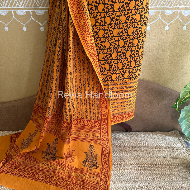 Dark Yellow-Black Bagh Print Cotton Suit-BCSP66