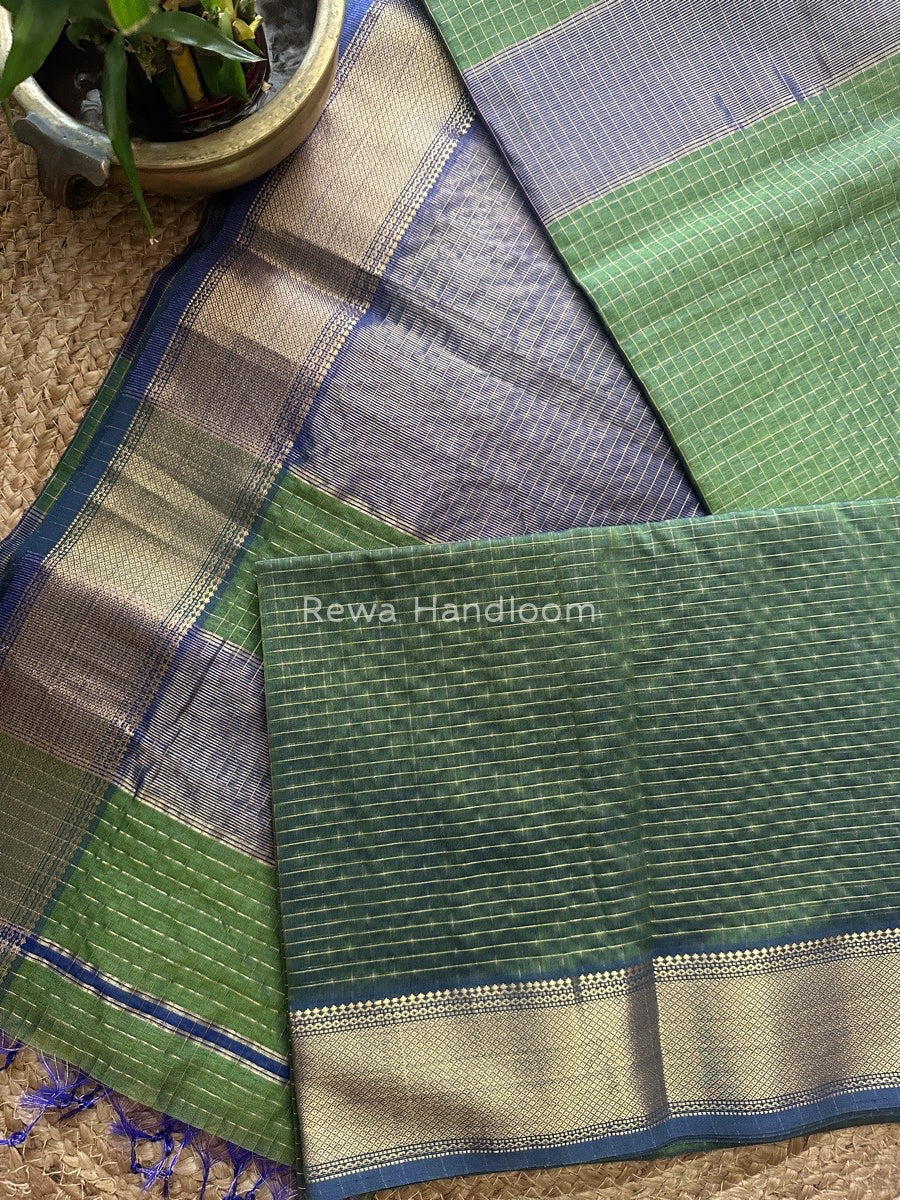 Maheshwari Mehendi Green Zari Checks Saree ZCHX183