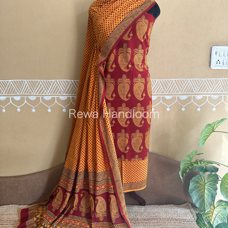 Yellow-Red Bagh Print Cotton Suit with Aami Butta- BCSP15