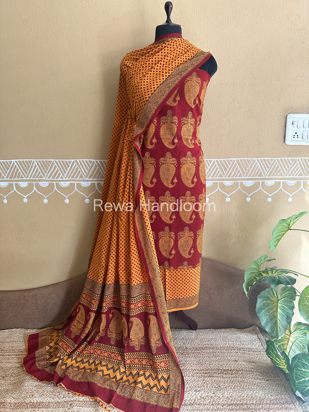 Yellow-Red Bagh Print Cotton Suit with Aami Butta- BCSP15