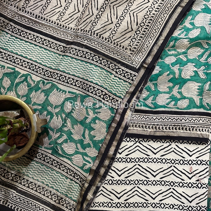 Green-Off White Chanderi Printed Suit CBS021