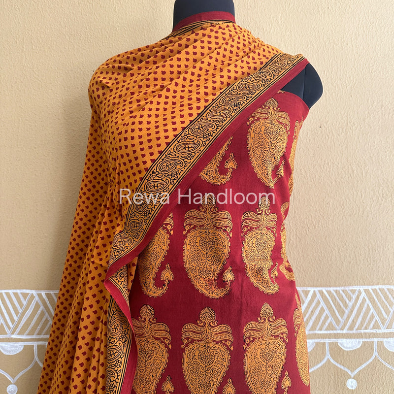 Yellow-Red Bagh Print Cotton Suit with Aami Butta- BCSP15