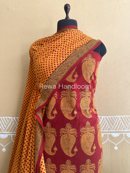 Yellow-Red Bagh Print Cotton Suit with Aami Butta- BCSP15