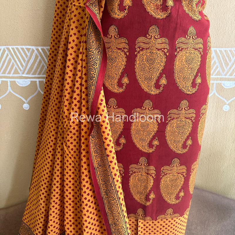 Yellow-Red Bagh Print Cotton Suit with Aami Butta- BCSP15