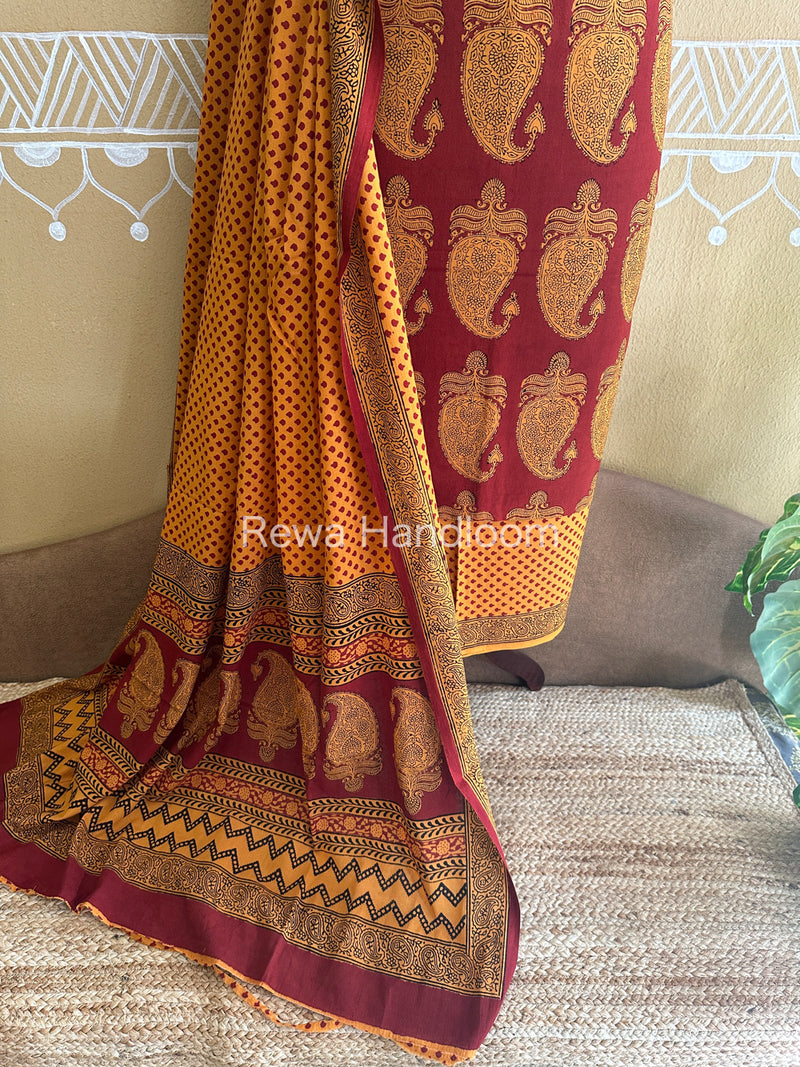Yellow-Red Bagh Print Cotton Suit with Aami Butta- BCSP15