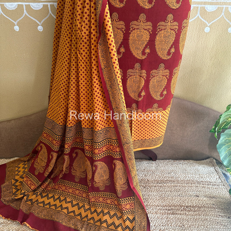 Yellow-Red Bagh Print Cotton Suit with Aami Butta- BCSP15