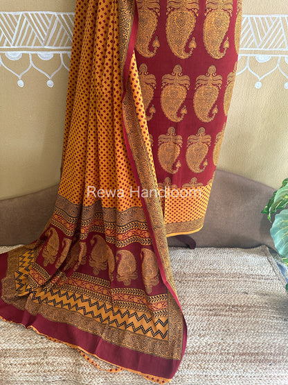 Yellow-Red Bagh Print Cotton Suit with Aami Butta- BCSP15